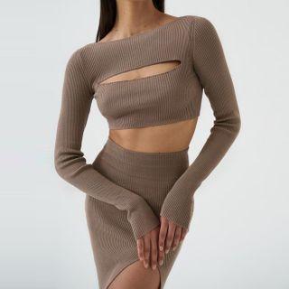 Cut Out Long Sleeve Cropped Sweater+ Side-vent Skirt