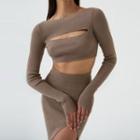 Cut Out Long Sleeve Cropped Sweater+ Side-vent Skirt