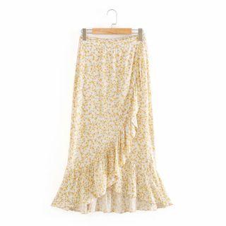 Ruffled Floral Print Midi A-line Skirt