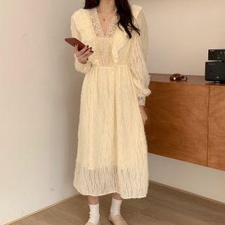 Long-sleeve Lace Trim Textured Midi A-line Dress