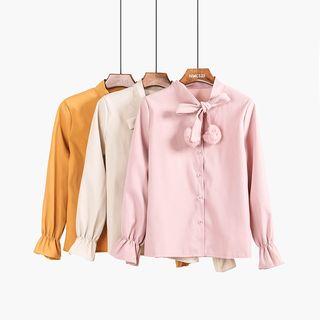 Ribbon-neckline Pompom-accent Shirt