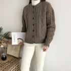 Cable Knit Band Collar Cardigan Brown - One Size
