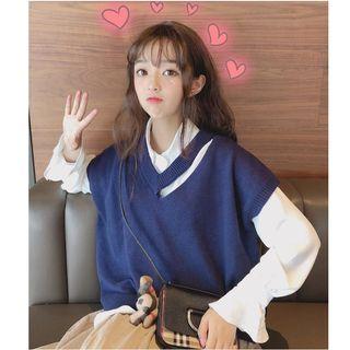 Flared-cuff Blouse / Cutout Knitted Vest