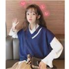 Flared-cuff Blouse / Cutout Knitted Vest