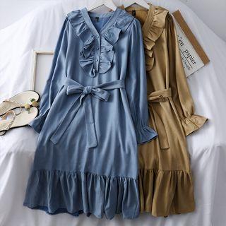 Ruffled-trim V-neck A-line Dress With Sash