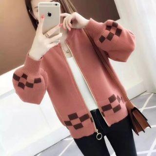 Two-tone Zip-up Knit Cardigan