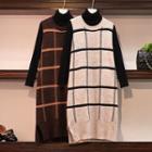 Set: Turtleneck Long-sleeve Knit Top + Checked Sleeveless Knit Dress