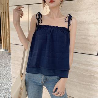 Ribbon-strap Chiffon Top Navy Blue - One Size