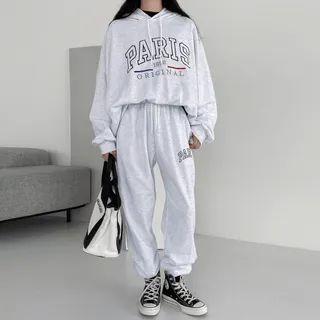 Set: Letter-embroidered Hoodie + Jogger Pants