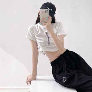 Short-sleeve Lettering Drawstring Cropped T-shirt / Smiley Face Print Harem Pants