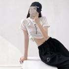 Short-sleeve Lettering Drawstring Cropped T-shirt / Smiley Face Print Harem Pants