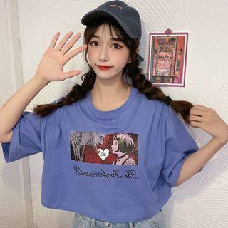 Short-sleeve Cropped Pattern Print T-shirt Purplish Blue - One Size