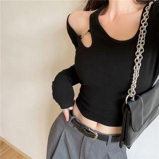 Long-sleeve Plain Irregular Slim-fit Top