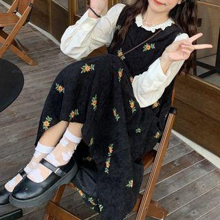 Long-sleeve Lace-trim Blouse / Flower Corduroy Dress