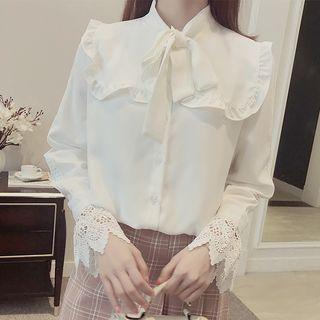 Tie-neck Lace-cuff Blouse