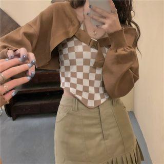 Cropped Cardigan / Halter Check Camisole
