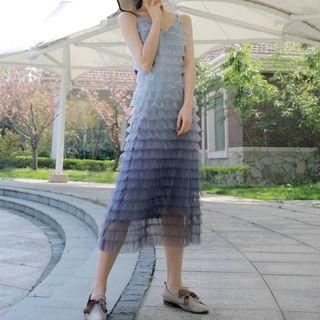 Strappy Gradient Mesh Midi Tiered Dress