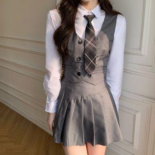 Plain Shirt / Tie / Pleated Skort / Double Breasted Vest