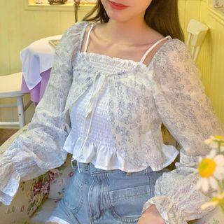 Mock Two-piece Floral Print Blouse White - One Size