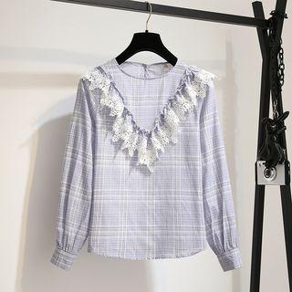 Crochet Lace Panel Plaid Blouse