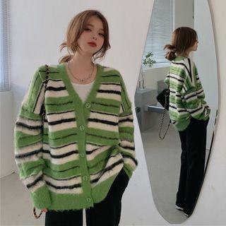 V-neck Striped Cardigan Stripes - Green - One Size