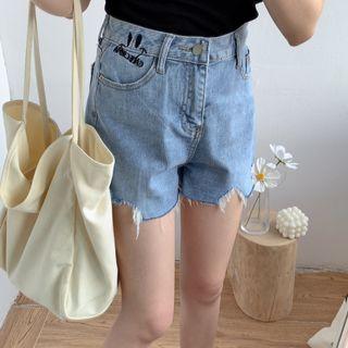 Smiley Face Embroidered Distressed Denim Wide-leg Shorts