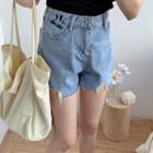 Smiley Face Embroidered Distressed Denim Wide-leg Shorts