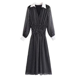Long-sleeve Dotted Collared Chiffon Midi A-line Dress