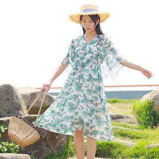 Elbow-sleeve Leaf Print Chiffon A-line Midi Dress