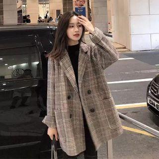 Double-breasted Plaid Blazer Khaki - One Size