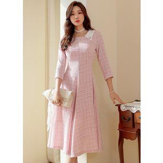 Contrast-collar Flared Long Tweed Dress