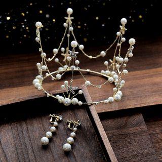Wedding Set: Faux Pearl Tiara + Dangle Earring Tiara & 1 Pair Clip On Earrings - One Size