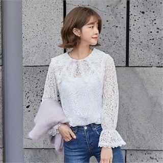 Flare-cuff Sheer Crochet Blouse Ivory - One Size
