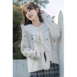 Pom Pom Cable Knit Cardigan Grayish Beige - One Size