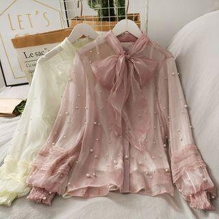 Pearl-accent Ribbon-neckline Mesh Shirt With Cami