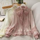 Pearl-accent Ribbon-neckline Mesh Shirt With Cami