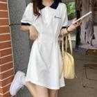 Short-sleeve Letter Embroidered T-shirt / Collared Mini A-line Dress