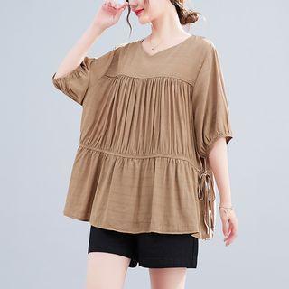 Elbow-sleeve V-neck Shirred Blouse