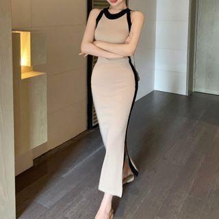 Sleeveless Contrast Trim Knit Midi Sheath Dress