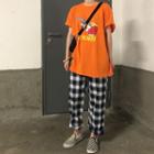 Printed Short-sleeve T-shirt / Check Wide Leg Pants