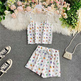 Set: Fruit Print Camisole + High-waist Wide-leg Shorts White - One Size