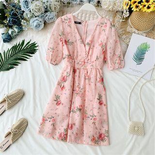 V-neck Floral Print Chiffon Dress Pink - One Size