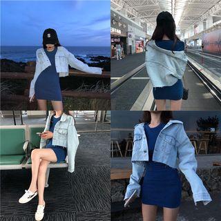 Buttoned Denim Cropped Jacket / Sleeveless Bodycon Mini Dress