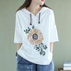 Elbow-sleeve Floral Embroidered Hooded T-shirt