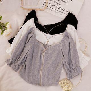 Puff-sleeve Zip-up Cropped T-shirt