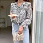 Tie-neck Frill-trim Floral Blouse Ivory - One Size