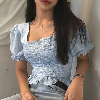 Short-sleeve Square Neck Smocked Top