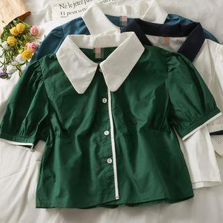 Colorblock Puff-sleeve Crop Shirt
