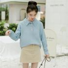 Button Lapel Sweater Blue - One Size