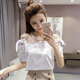 Crochet Trim Mesh Panel Short Sleeve Blouse